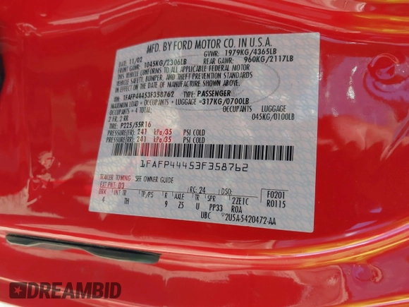 2003 Ford Mustang Deluxe z VIN 1FAFP44453F358762, wystawiony jako IAAI lot #42038789 z przebiegiem Nie podano mil oraz . Historia ofert i sprzedaży dostępna na DreamBid. Obrazek 9.