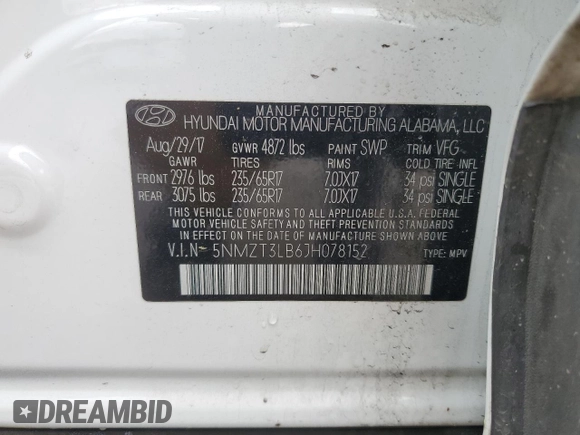 2018 Hyundai Santa Fe 2.4L with VIN 5NMZT3LB6JH078152, listed as a Copart auction lot 54418675 with 121,455 mi miles and Salvage title. Bid and sale history available at DreamBid. Image 13.