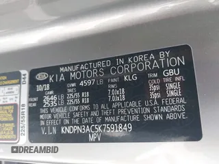 2019 Kia Sportage EX with VIN KNDPN3AC5K7591849, listed as a IAAI auction lot 42166917 with 50,984 mi miles and . Bid and sale history available at DreamBid. Image 9.