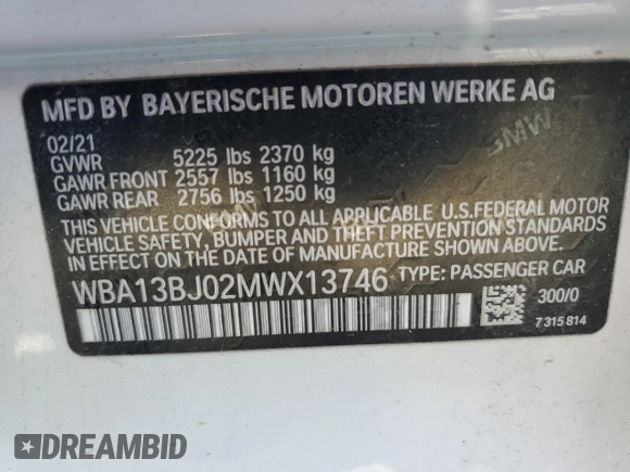 2021 BMW 5 Series 530i xDrive with VIN WBA13BJ02MWX13746, listed as a Copart auction lot 52088975 with Not Provided miles and Clean Title. Bid and sale history available at carsss.com. Image 13.
