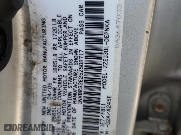 2005 Toyota Corolla CE with VIN 1NXBR32E25Z508717, listed as a Copart auction lot 50561075 with 226,557 mi miles and Salvage Title. Bid and sale history available at DreamBid. Image 12.