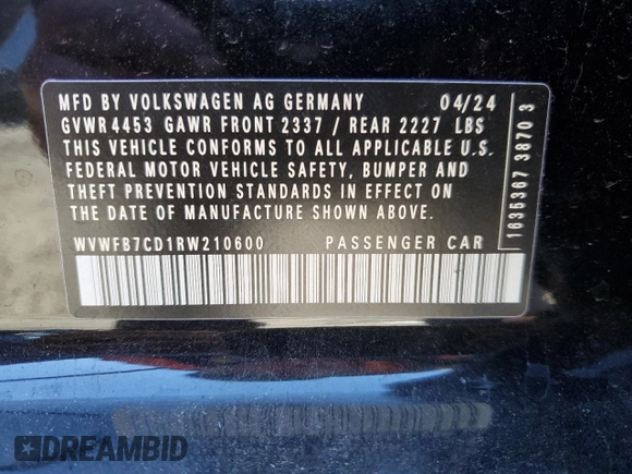2024 Volkswagen Golf z VIN WVWFB7CD1RW210600, wystawiony jako Copart lot #79880214 z przebiegiem 3 250 mil mil oraz Szkoda całkowita • Salvage title. Historia ofert i sprzedaży dostępna na DreamBid. Obrazek 13.