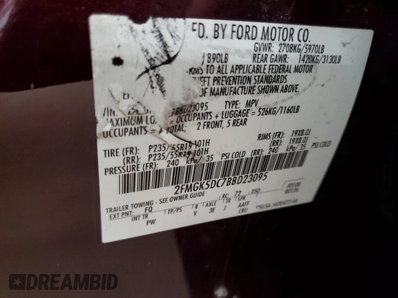 2011 Ford Flex Limited with VIN 2FMGK5DC7BBD23095, listed as a Copart auction lot 53677795 with 241,826 mi miles and Clean Title. Bid and sale history available at carsss.com. Image 13.