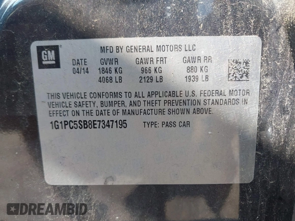 2014 Chevrolet Cruze 1LT с VIN 1G1PC5SB8E7347195, выставлен на аукционе IAAI как лот 42747387 с пробегом 84 689 миль миль и . История ставок и продаж доступна на DreamBid. Изображение 9.