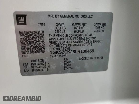 2020 GMC Yukon Denali with VIN 1GKS2CKJ8LR130459, listed as a Copart auction lot 83398964 with 42,696 mi miles and Non Repairable. Bid and sale history available at carsss.com. Image 13.