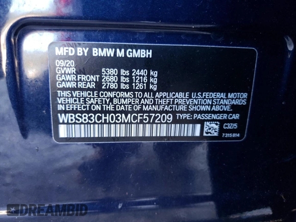 2021 BMW M5 with VIN WBS83CH03MCF57209, listed as a Copart auction lot 73050774 with 0 mi miles and Salvage Title. Bid and sale history available at carsss.com. Image 13.