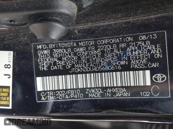 2013 Toyota Prius One with VIN JTDKN3DU4D5680616, listed as a IAAI auction lot 41903670 with 149,099 mi miles and . Bid and sale history available at DreamBid. Image 9.