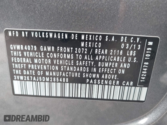 2013 Volkswagen Jetta S with VIN 3VW2K7AJ5DM285488, listed as a IAAI auction lot 42521944 with 132,655 mi miles and . Bid and sale history available at DreamBid. Image 9.