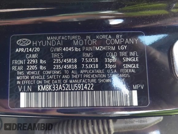 2020 Hyundai Kona Limited z VIN KM8K33A52LU591422, wystawiony jako IAAI lot #42324828 z przebiegiem 59 957 mil mil oraz . Historia ofert i sprzedaży dostępna na DreamBid. Obrazek 9.