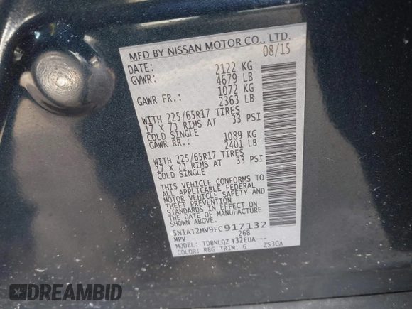 2015 Nissan Rogue S with VIN 5N1AT2MV9FC917132, listed as a IAAI auction lot 41768468 with 110,797 mi miles. Bid and sale history available at carsss.com. Image 9.