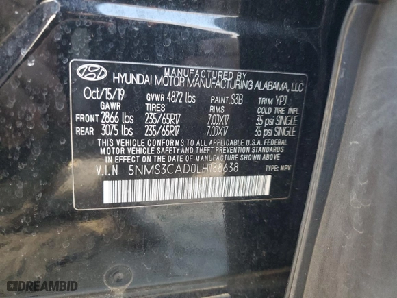 2020 Hyundai Santa Fe SEL with VIN 5NMS3CAD0LH188638, listed as a Copart auction lot 46309215 with 113,444 mi miles and Salvage Title. Bid and sale history available at carsss.com. Image 14.