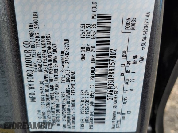 2019 Ford Fusion Titanium with VIN 3FA6P0SU9KR157802, listed as a Copart auction lot 61126605 with 70,764 mi miles and Salvage title. Bid and sale history available at DreamBid. Image 12.