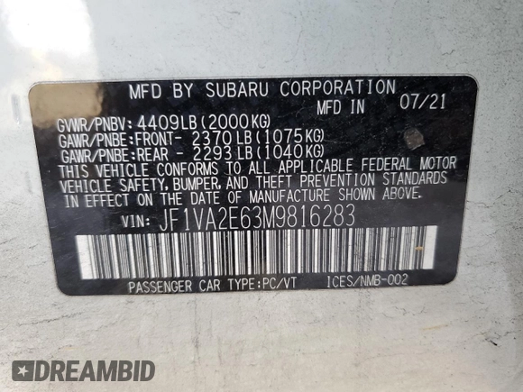 2021 Subaru WRX STI с VIN JF1VA2E63M9816283, выставлен на аукционе Copart как лот 87683975 с пробегом 70 222 миль миль и Списание • Salvage title. История ставок и продаж доступна на DreamBid. Изображение 13.