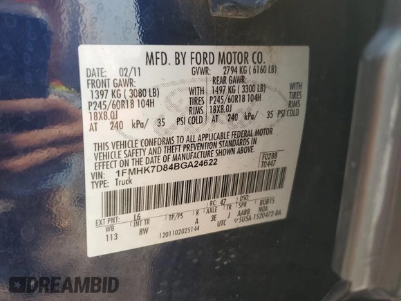 2011 Ford Explorer XLT with VIN 1FMHK7D84BGA24622, listed as a Copart auction lot 59158295 with 151,452 mi miles and Salvage title. Bid and sale history available at DreamBid. Image 13.