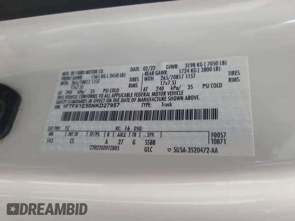 2022 Ford F-150 XL z VIN 1FTFX1E55NKD27957, wystawiony jako IAAI lot #42461089 z przebiegiem 121 066 mil mil oraz . Historia ofert i sprzedaży dostępna na DreamBid. Obrazek 1.