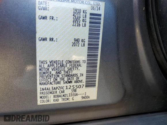 2015 Nissan Altima SV with VIN 1N4AL3AP2FC125507, listed as a Copart auction lot 46868165 with 121,630 mi miles and Salvage Title. Bid and sale history available at DreamBid. Image 12.