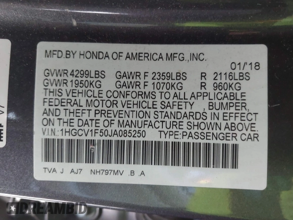 2018 Honda Accord EX-L z VIN 1HGCV1F50JA085250, wystawiony jako IAAI lot #42051910 z przebiegiem 66 822 mil mil oraz . Historia ofert i sprzedaży dostępna na DreamBid. Obrazek 9.