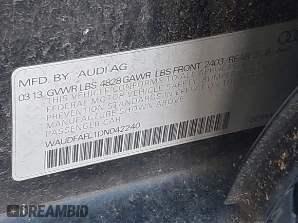 2013 Audi A4 Premium with VIN WAUDFAFL1DN042240, listed as a IAAI auction lot 41686185 with 205,410 mi miles and . Bid and sale history available at DreamBid. Image 9.