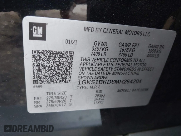 2021 GMC Yukon SLT with VIN 1GKS1BKD8MR264204, listed as a IAAI auction lot 41859983 with 118,968 mi miles. Bid and sale history available at carsss.com. Image 9.