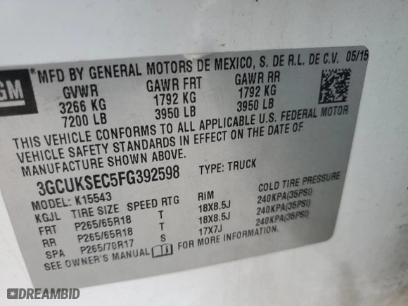 2015 Chevrolet Silverado 1500 LTZ with VIN 3GCUKSEC5FG392598, listed as a Copart auction lot 48001545 with 190,178 mi miles and Clean Title. Bid and sale history available at carsss.com. Image 14.