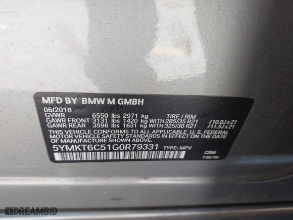 2016 BMW X5 M with VIN 5YMKT6C51G0R79331, listed as a IAAI auction lot 40590865 with 80,772 mi miles. Bid and sale history available at carsss.com. Image 9.