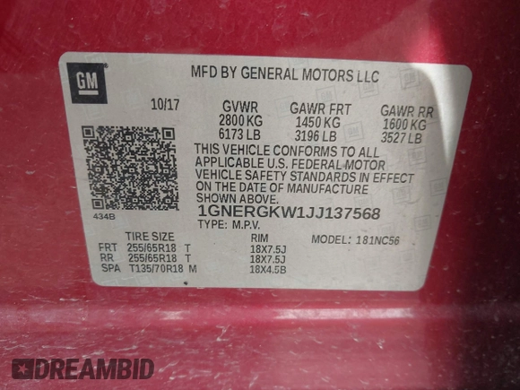 2018 Chevrolet Traverse LT Cloth with VIN 1GNERGKW1JJ137568, listed as a IAAI auction lot 42421403 with 110,413 mi miles and . Bid and sale history available at DreamBid. Image 9.