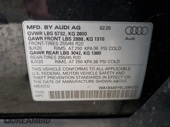 2020 Audi SQ5 Premium Plus with VIN WA1B4AFY6L2069701, listed as a Copart auction lot 71760623 with 56,037 mi miles and . Bid and sale history available at DreamBid. Image 13.