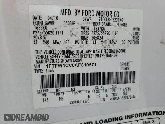 2010 Ford F-150 XL with VIN 1FTFW1CV0AFC10571, listed as a Copart auction lot 47858595 with 289,180 mi miles and Salvage Title. Bid and sale history available at carsss.com. Image 12.
