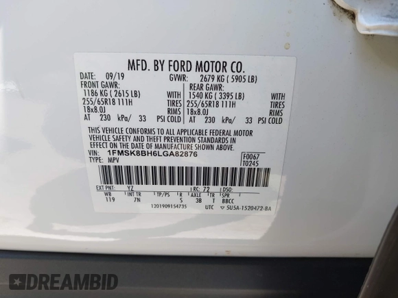 2020 Ford Explorer с VIN 1FMSK8BH6LGA82876, выставлен на аукционе IAAI как лот 42640869 с пробегом 53 875 миль миль и . История ставок и продаж доступна на DreamBid. Изображение 9.