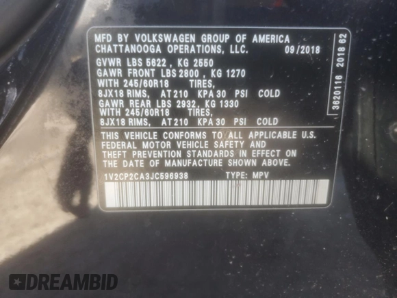 2018 Volkswagen Atlas SE с VIN 1V2CP2CA3JC596938, выставлен на аукционе Copart как лот 46811805 с пробегом 169 414 миль миль и Списание • Salvage title. История ставок и продаж доступна на DreamBid. Изображение 15.