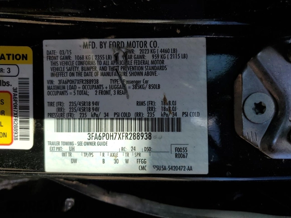 2015 Ford Fusion SE with VIN 3FA6P0H7XFR288938, listed as a Copart auction lot 49714835 with 185,022 mi miles and Salvage Title. Bid and sale history available at carsss.com. Image 15.
