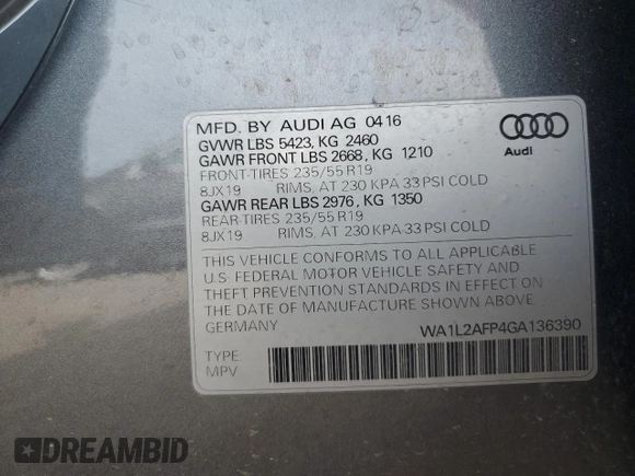 2016 Audi Q5 Premium Plus with VIN WA1L2AFP4GA136390, listed as a Copart auction lot 61127185 with 112,021 mi miles and Salvage title. Bid and sale history available at DreamBid. Image 13.