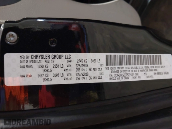 2013 Dodge Grand Caravan SXT with VIN 2C4RDGCG2DR527482, listed as a IAAI auction lot 42199622 with 198,248 mi miles and . Bid and sale history available at DreamBid. Image 9.