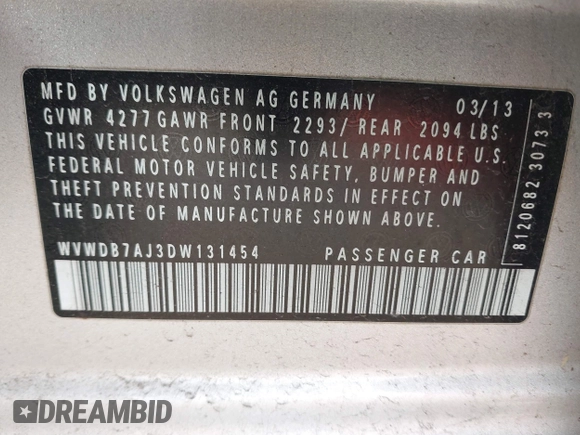 2013 Volkswagen Golf w/Conv & Sunroof с VIN WVWDB7AJ3DW131454, выставлен на аукционе IAAI как лот 41844393 с пробегом 174 704 миль миль и . История ставок и продаж доступна на DreamBid. Изображение 9.