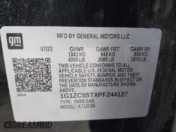 2023 Chevrolet Malibu LS with VIN 1G1ZC5STXPF244127, listed as a IAAI auction lot 41119625 with 51,165 mi miles and . Bid and sale history available at DreamBid. Image 9.