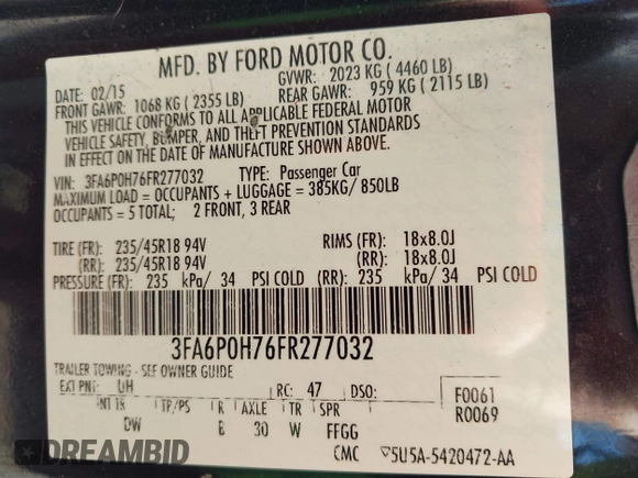 2015 Ford Fusion SE with VIN 3FA6P0H76FR277032, listed as a IAAI auction lot 41807581 with 104,398 mi miles. Bid and sale history available at carsss.com. Image 9.