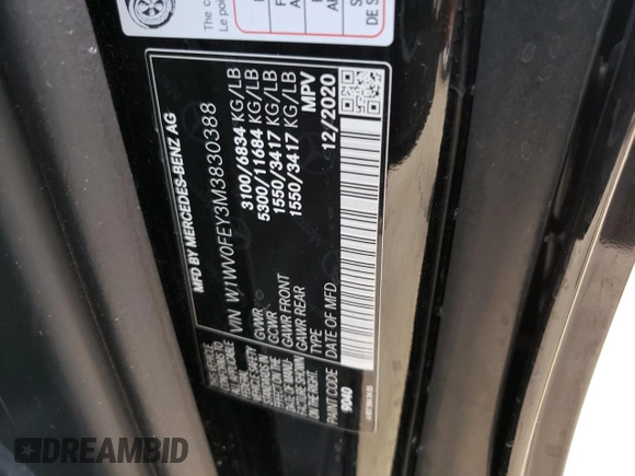 2021 Mercedes-Benz Metris with VIN W1WV0FEY3M3830388, listed as a Copart auction lot 45854963 with 3,548 mi miles and . Bid and sale history available at DreamBid. Image 14.