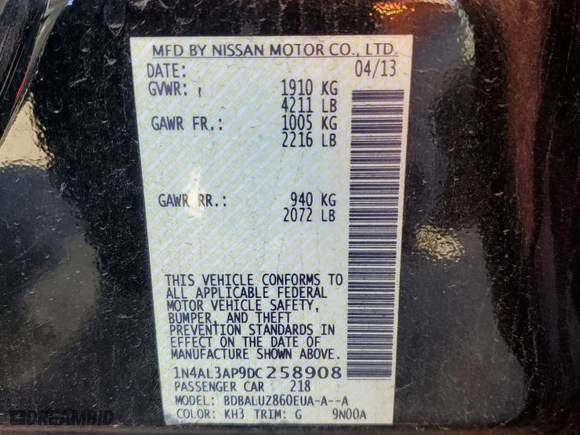 2013 Nissan Altima 2.5 SL with VIN 1N4AL3AP9DC258908, listed as a Copart auction lot 86186034 with 193,571 mi miles and Salvage Title. Bid and sale history available at carsss.com. Image 13.
