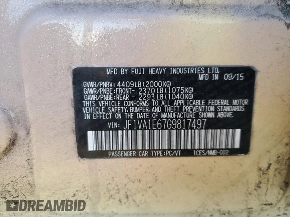 2016 Subaru WRX Premium with VIN JF1VA1E67G9817497, listed as a Copart auction lot 48055125 with 102,118 mi miles and Salvage title. Bid and sale history available at DreamBid. Image 13.