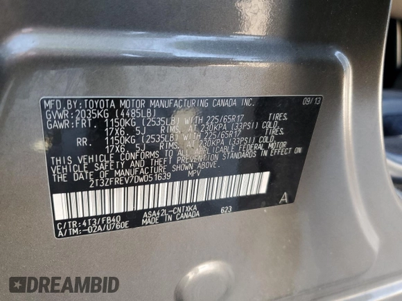 2013 Toyota RAV4 LE z VIN 2T3ZFREV7DW051639, wystawiony jako Copart lot #63396965 z przebiegiem 41 481 mil mil oraz Szkoda całkowita • Salvage title. Historia ofert i sprzedaży dostępna na DreamBid. Obrazek 13.