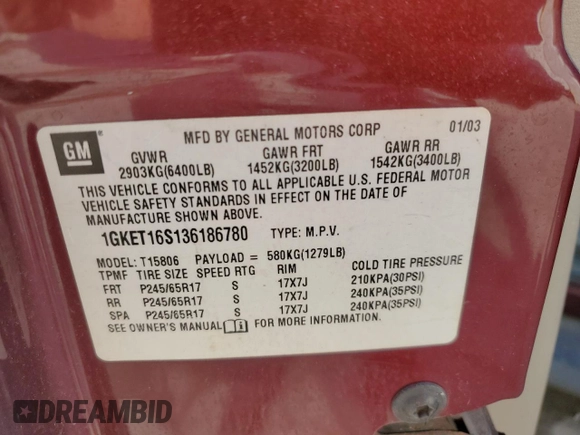 2003 GMC Envoy SLT z VIN 1GKET16S136186780, wystawiony jako Copart lot #55927155 z przebiegiem 163 099 mil mil oraz Szkoda całkowita • Salvage title. Historia ofert i sprzedaży dostępna na DreamBid. Obrazek 13.