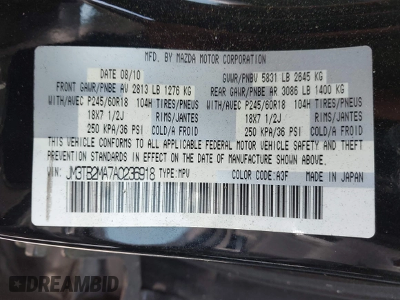 2010 Mazda CX-9 Sport with VIN JM3TB2MA7A0236918, listed as a IAAI auction lot 42060510 with 201,690 mi miles. Bid and sale history available at carsss.com. Image 9.