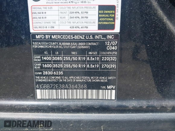 2008 Mercedes-Benz M 550 с VIN 4JGBB72E38A364368, выставлен на аукционе IAAI как лот 42556762 с пробегом 151 384 миль миль и . История ставок и продаж доступна на DreamBid. Изображение 9.