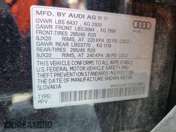 2018 Audi Q7 Premium Plus with VIN WA1LHAF71JD018852, listed as a Copart auction lot 60779375 with 84,760 mi miles and Salvage title. Bid and sale history available at DreamBid. Image 14.