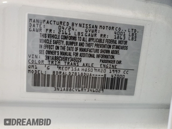 2024 Nissan Sentra SV z VIN 3N1AB8CV6RY346029, wystawiony jako Copart lot #58468395 z przebiegiem 25 092 mil mil oraz Szkoda całkowita • Salvage title. Historia ofert i sprzedaży dostępna na DreamBid. Obrazek 12.