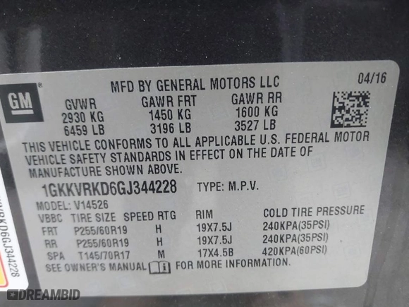2016 GMC Acadia SLT with VIN 1GKKVRKD6GJ344228, listed as a IAAI auction lot 41238978 with 129,053 mi miles. Bid and sale history available at carsss.com. Image 9.
