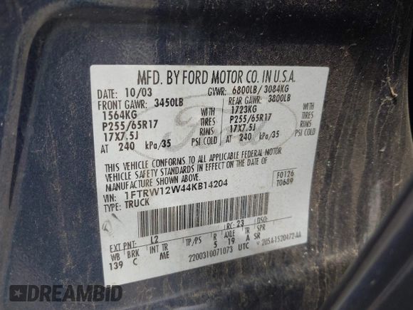 2004 Ford F-150 XLT with VIN 1FTRW12W44KB14204, listed as a IAAI auction lot 42141730 with 246,970 mi miles and . Bid and sale history available at DreamBid. Image 9.