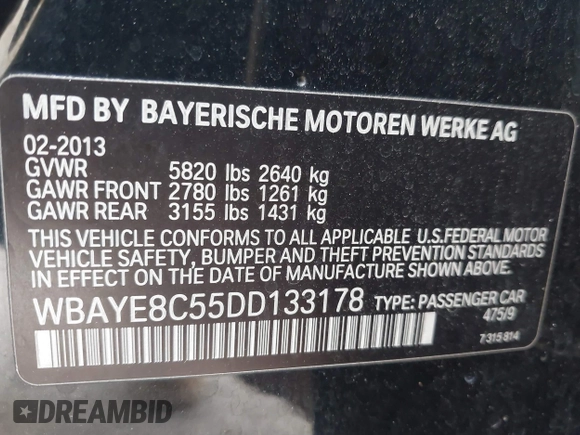 2013 BMW 7 Series 750Li with VIN WBAYE8C55DD133178, listed as a IAAI auction lot 41509860 with 90,841 mi miles and . Bid and sale history available at DreamBid. Image 9.