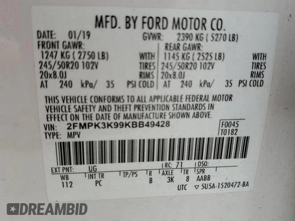 2019 Ford Edge Titanium z VIN 2FMPK3K99KBB49428, wystawiony jako Copart lot #60663125 z przebiegiem 60 383 mil mil oraz Szkoda całkowita • Salvage title. Historia ofert i sprzedaży dostępna na DreamBid. Obrazek 14.