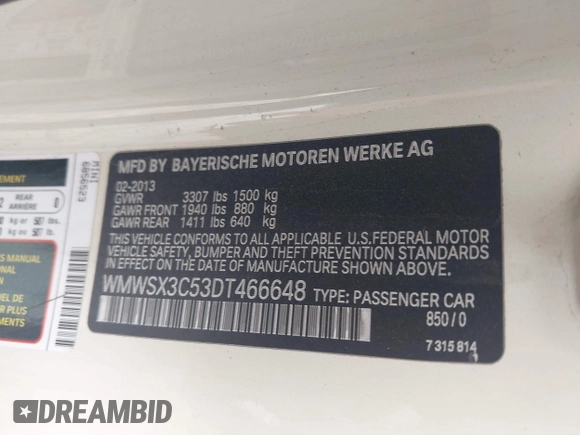 2013 MINI Coupe S with VIN WMWSX3C53DT466648, listed as a IAAI auction lot 41719597 with 106,936 mi miles and . Bid and sale history available at DreamBid. Image 9.